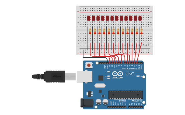 Circuit design circuito desplazamiento de leds y programación. - Tinkercad