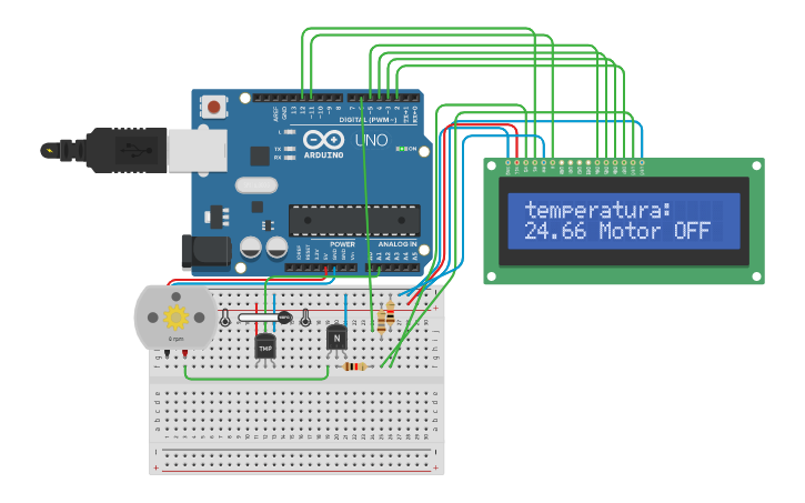 Circuit design Sensor de temperatura con motor y display LCD - Tinkercad
