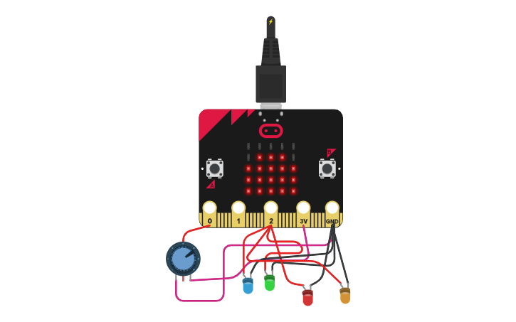 Circuit design 4 led bulb with microbit and potentiometer - Tinkercad