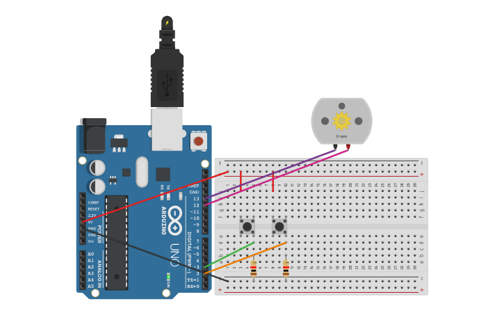 Circuit design Dos pulsadores y motor - Tinkercad