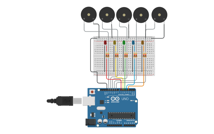 Circuit design multiple LEDS with multiple Buzzers - Tinkercad