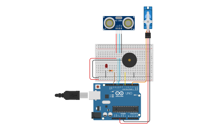 Circuit design Servo motor with Ultrasonic sensor - Tinkercad