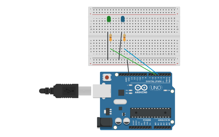 Circuit design 2 LEDs (blocks) - Tinkercad