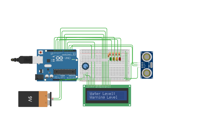 Circuit design Water Level Warning System - Tinkercad