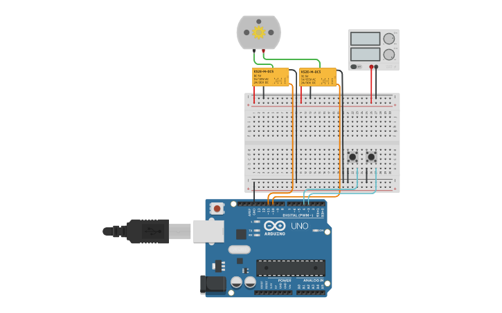 Circuit design 2릴레이 (고출력) DC모터 양방향 ON/OFF 제어 - Tinkercad