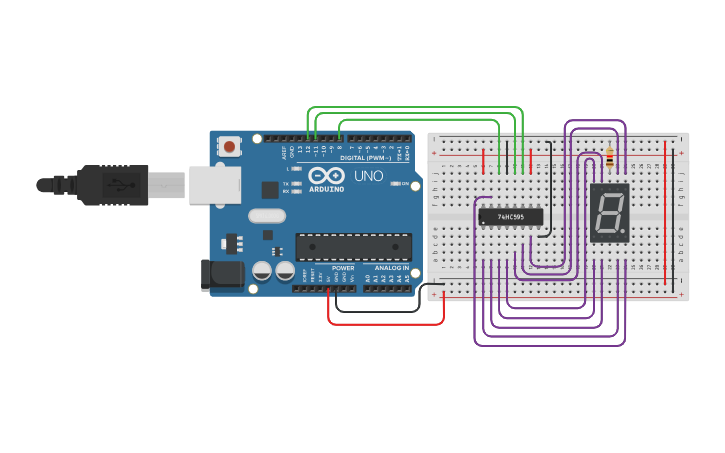 Circuit design Display de 7 segmentos por codigos - Tinkercad