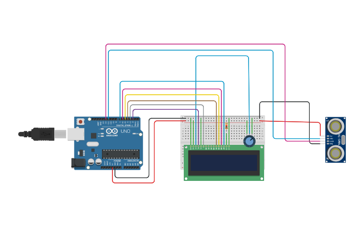 Circuit design Ultrasonic Sensor with LCD - Tinkercad