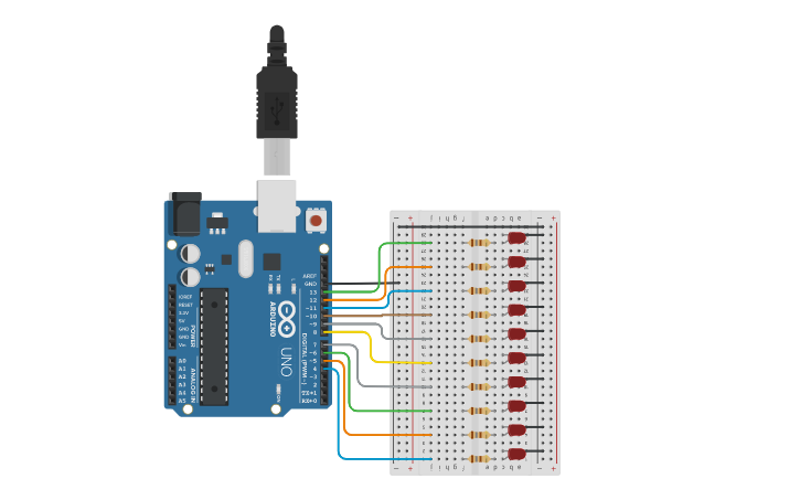 Circuit design Knight Rider 10 LED - Tinkercad