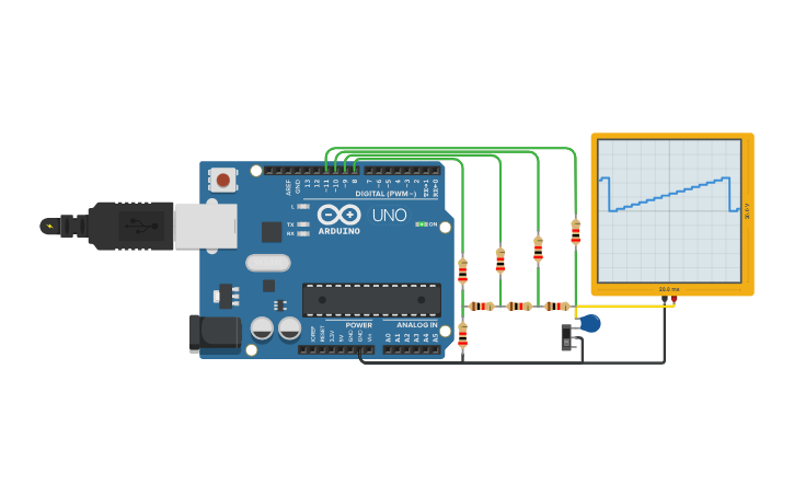 Circuit design Ramp Counter R2R DAC 4 bits (Smart Code) - Tinkercad