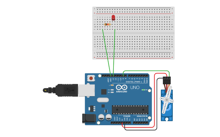 Circuit design Servo + LED - Tinkercad