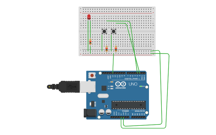 Circuit design 1 button LED circuit - Tinkercad