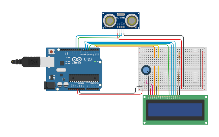 Circuit design Ultrasonic sensor with LCD Display - Tinkercad