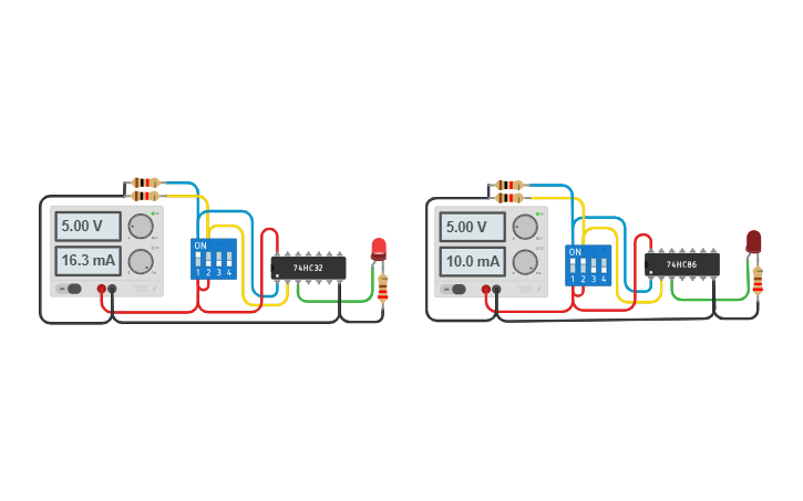 Circuit design OR & XOR Gates [74HC32 & 74HC86] - Tinkercad
