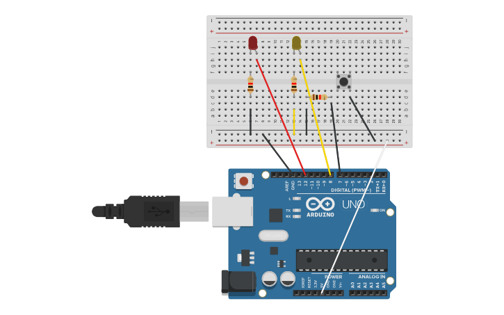 Circuit design Encendido de dos leds con pulsador - Tinkercad