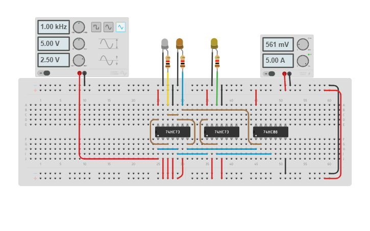 Circuit design 3bit counter using JK flip-flop - Tinkercad