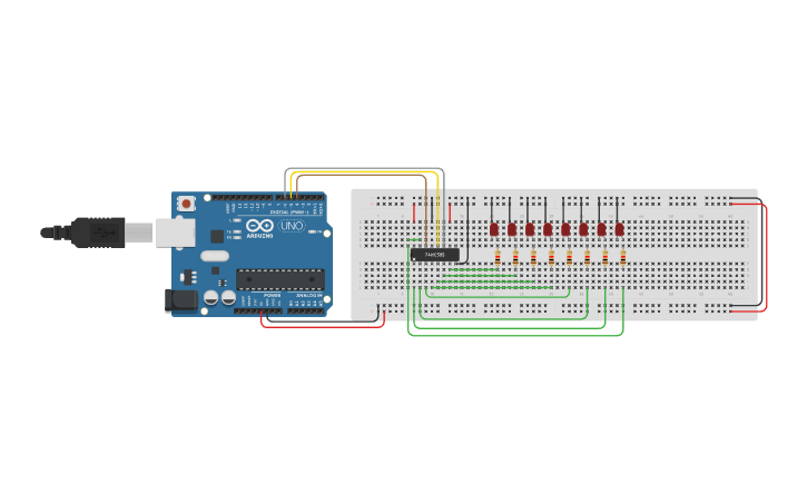 Circuit design Arduino shift register - Tinkercad