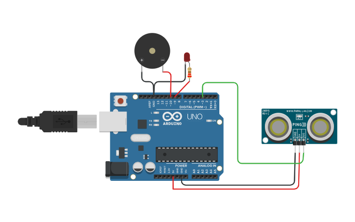 Circuit design UltraSonic Distance Sensor (with LED & Buzzer) - Tinkercad