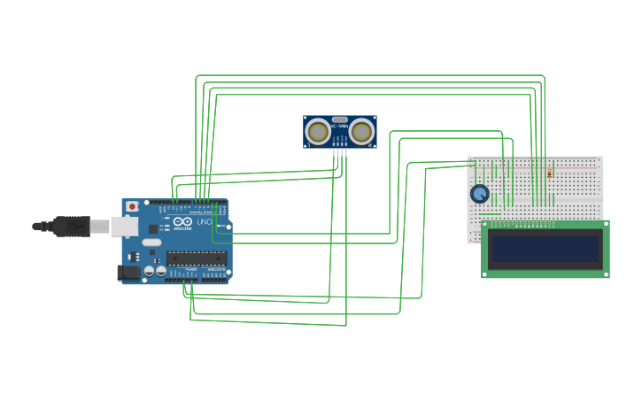 Circuit design ultrasonic sensor with lcd display - Tinkercad