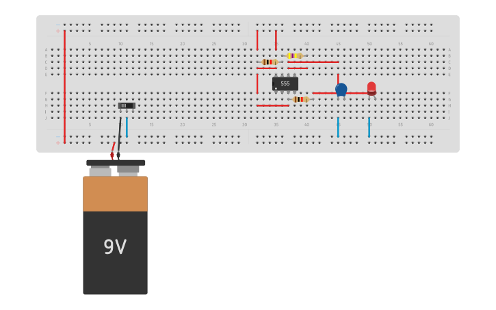 Circuit design Blinking Led with 555 Timer by using switch - Tinkercad
