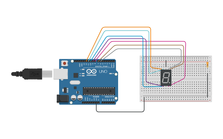Circuit design EX1E display 7 segmentos catodo comun - Tinkercad