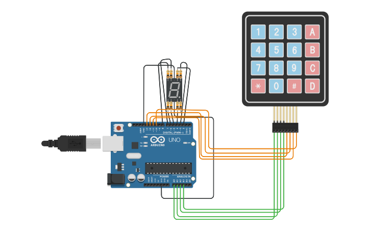 Circuit design Interface one 7 segment display and 4x4 - Tinkercad