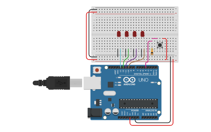 Circuit design Secuencia de leds con pulsador - Tinkercad