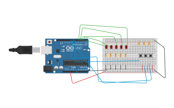 Circuit design robótica 5 leds 3 pulsadores - Tinkercad