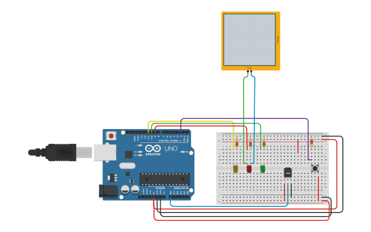 Circuit design Temperature sensor ( LED + BUTTON) - Tinkercad