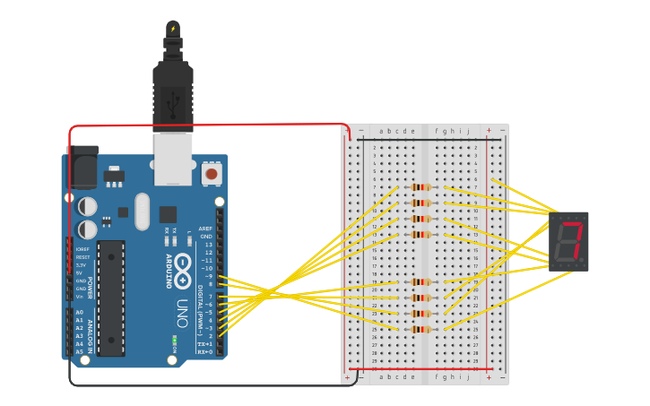 Circuit design seven segment countdown - Tinkercad