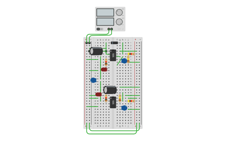 Circuit design 555 dual timer delayed two led circuit - Tinkercad