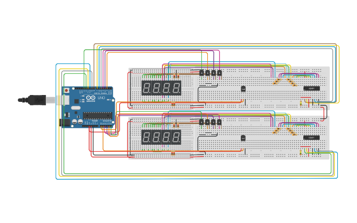 Circuit design 2 Temp reading 2 4 digit 7 segment displays - Tinkercad