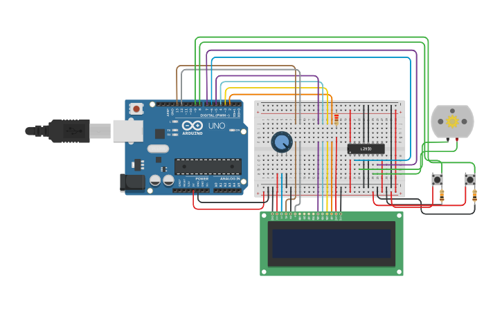 Circuit design Dc motor control using pushbutton - Tinkercad