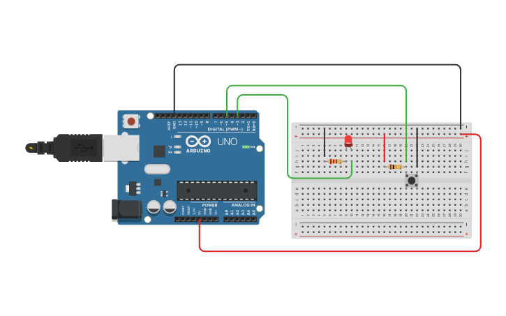 Circuit design toggle push button with led - Tinkercad