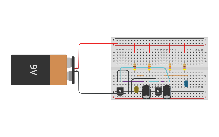 Circuit design Flashing LED Two Transistor Circuit - Tinkercad