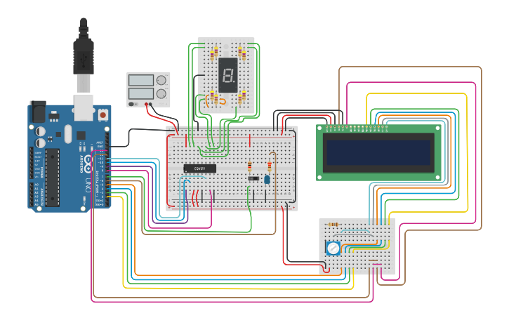 Circuit design Arduino dado electrónico 7 seg. & LCD & DDRB - Tinkercad